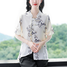 批发实拍2025夏季新款国风复古短袖翻领印花宽松大码上衣女