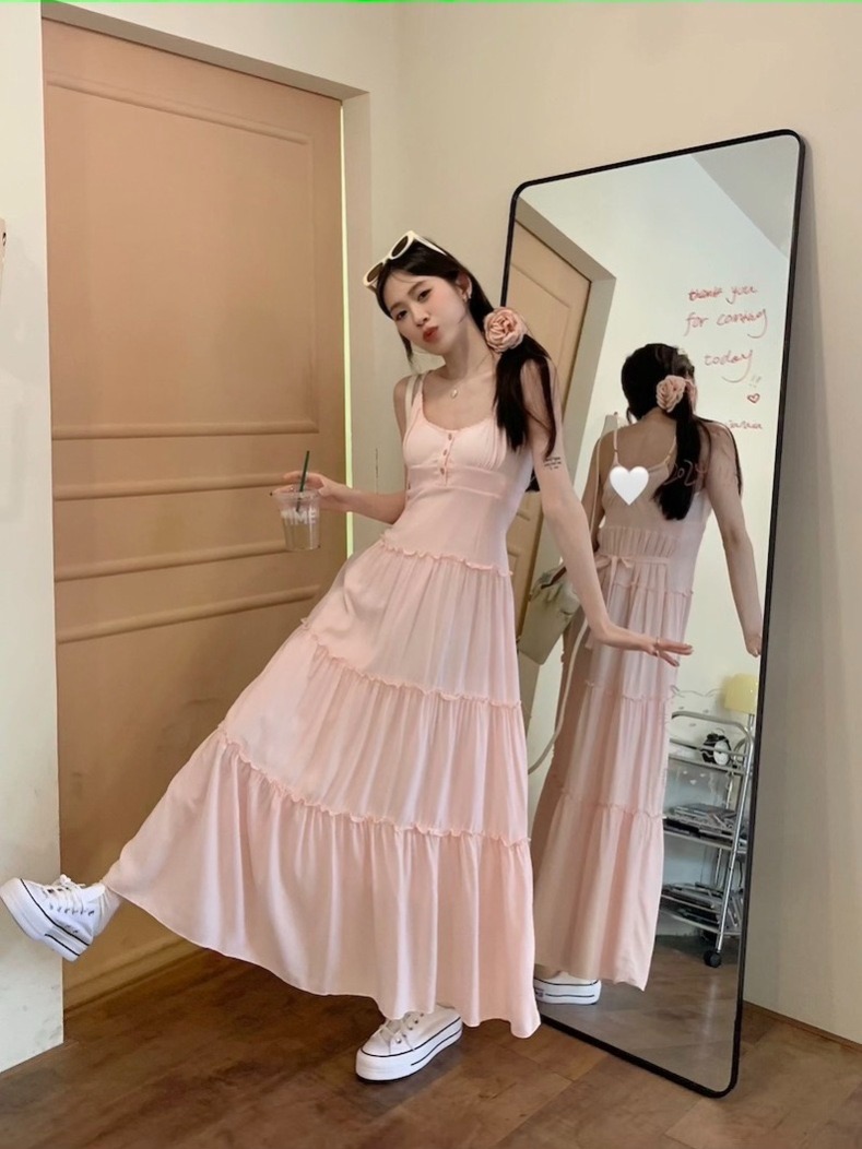 LN26189# 粉色吊带裙夏...