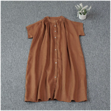 批发2026夏新款薄款落肩袖短袖连衣裙宽松立领褶皱显瘦开衫中长裙