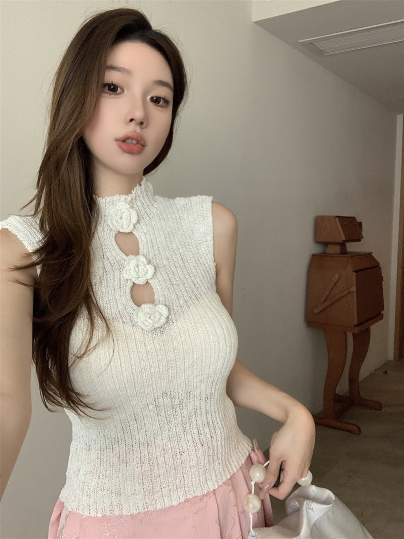 실사 정가 부드러운 핫걸 디자인 센스 3 차원 꽃 스탠드 칼라 몸매 가꾸기 슬림해 보이는 홀로우 아웃 민소매 니트 조끼