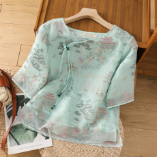 批发实拍图#国风<b class='q'>欧根纱</b>绣花小衫女夏季新款宽松中式斜襟内里<b class='q'>上衣</b>