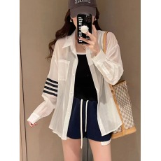 批发韩版夏季四条杠贴标衬衫原宿风休闲长袖显瘦宽松百搭防晒衣<b class='q'>外套女</b>