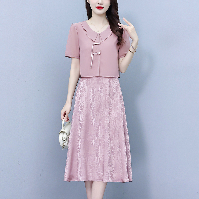 MY1317# 大码连衣裙新中式改良风气质盘扣显瘦减龄假两件中年妈妈夏装裙子女裝貨源服裝批發