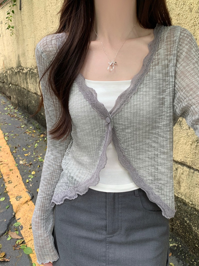 Real shot of lace edge v-neck knitted sun protection cardigan for women summer thin outer top shawl air-conditioning shirt