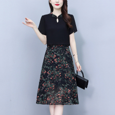 批发新中式复古假两件套拼色大码<b class='q'>女装</b>雪纺中长款修身短袖连衣裙子夏季