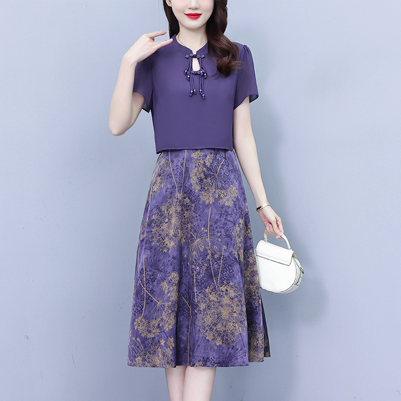 MY1315# 碎花连衣裙女新款气质高端时尚中年妈妈洋气雪纺假两件套装女裝...
