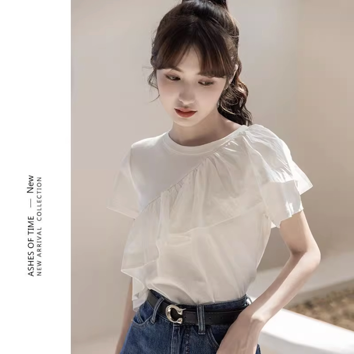 LN24130# 荷叶边短袖T恤女夏韩版新款设计感小众白色独特别致上衣 服裝批發女裝批發服飾貨源