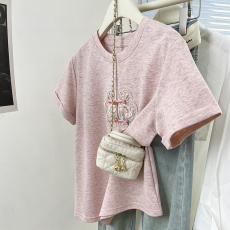 实价实拍#新中式国风刺绣粉色纯棉正肩短袖t恤女夏季夏体恤上衣