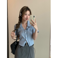 批发官图/实价条纹肌理Polo领收腰<b class='q'>短袖</b><b class='q'>衬衫</b>短款显瘦上衣<b class='q'>女</b>
