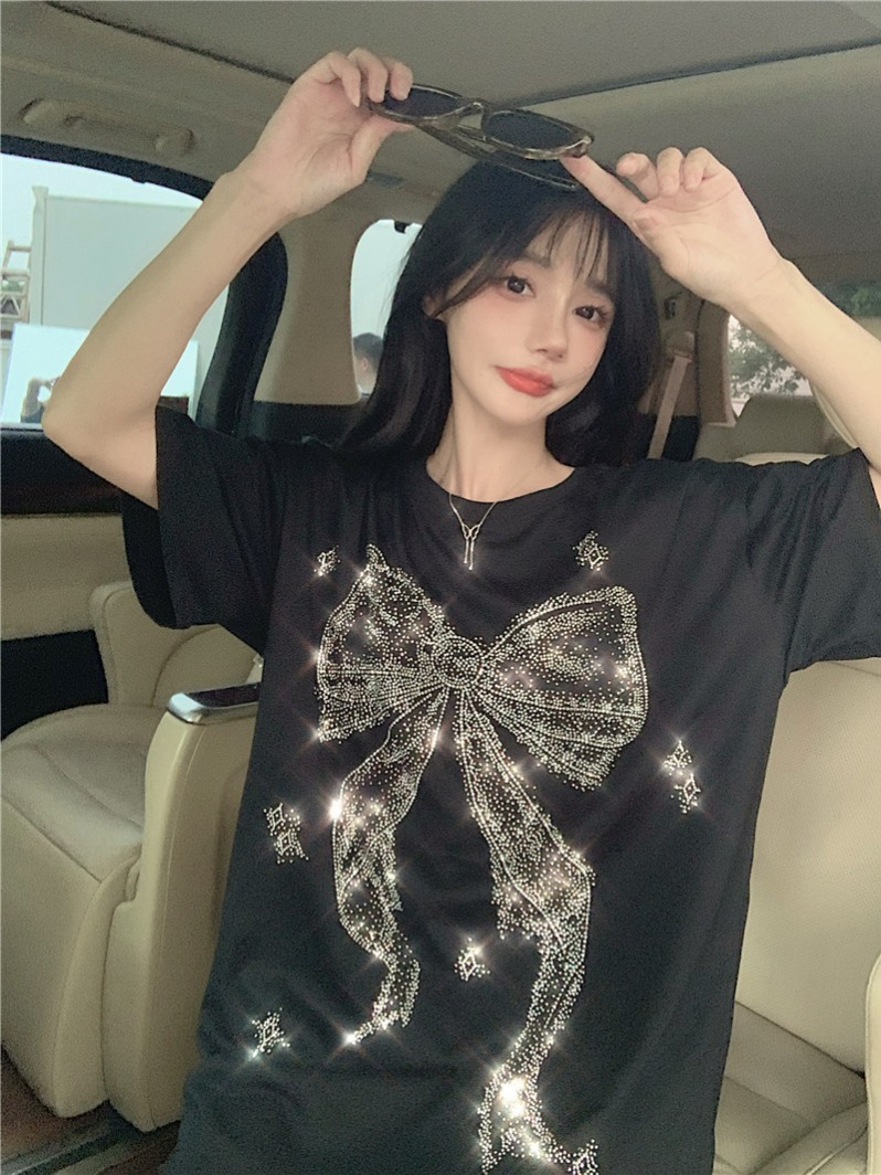 PF6799#新款韩版重工蝴蝶烫钻短袖时尚T恤女裝貨源服裝批發