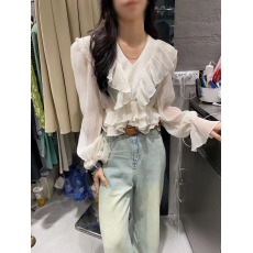 批发韩国东大门2026春季新款时尚宽松长袖V领荷叶边波点上衣衬衫女潮