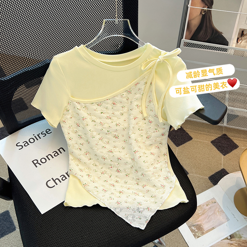 RY70146# 25新款韩版修身显瘦甜美不规则拼接碎花假两件T恤女系带上衣夏