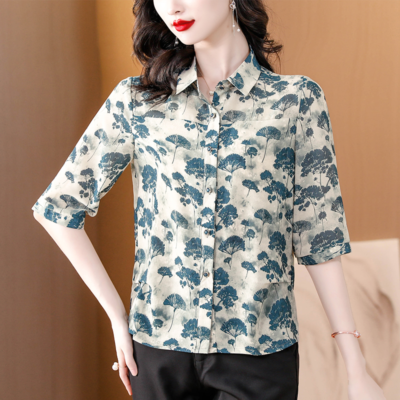 MY16064#雪纺衫女洋气减龄夏装衬衣高端半袖大码女装薄款中袖宽松显瘦衬衫女裝貨源服裝批發