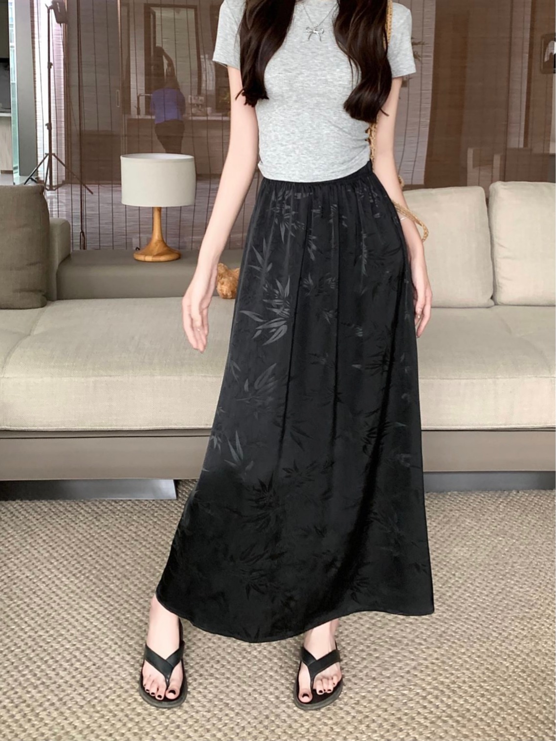 Real shot and real price Summer high-end satin print retro drape skirt for women high-waisted and slim A-line long skirt