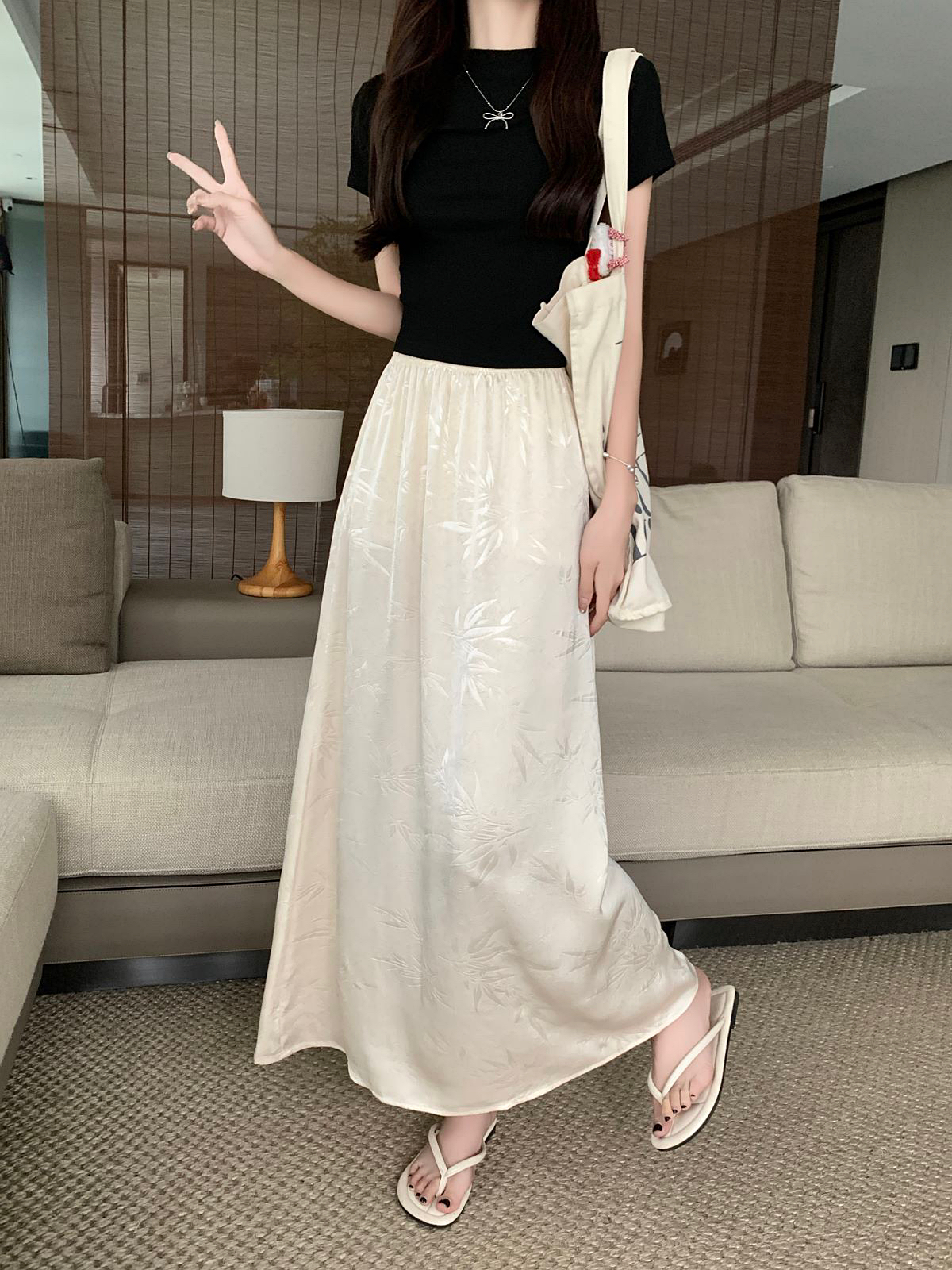 Real shot and real price Summer high-end satin print retro drape skirt for women high-waisted and slim A-line long skirt