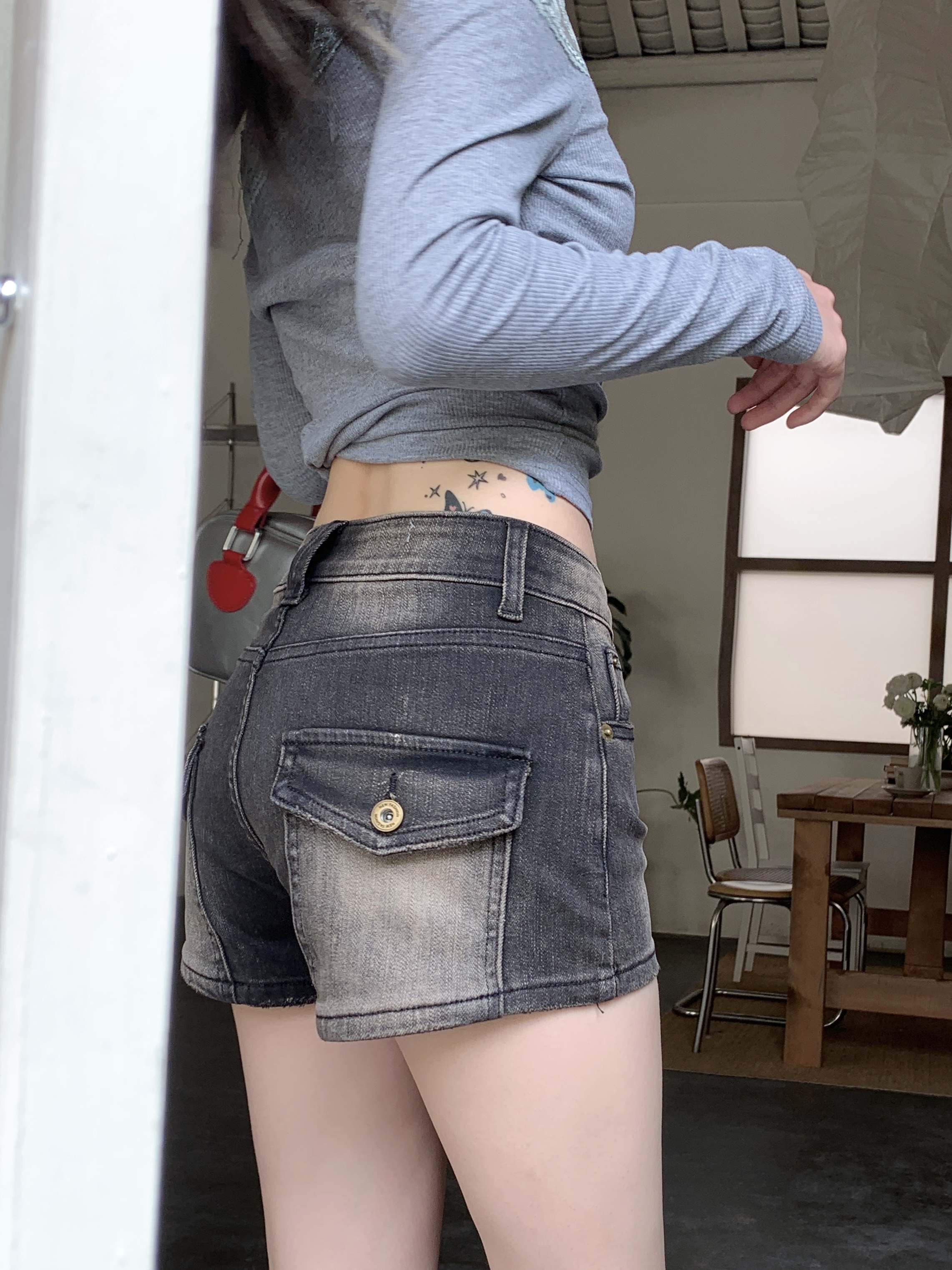 FA33577# 高腰弹力个性口袋牛仔短裤 服裝批發女裝批發服飾貨源