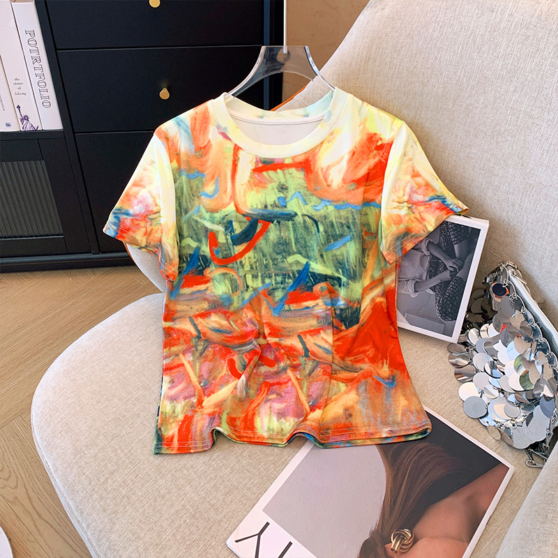 PF6640#多巴胺短袖T恤女夏季彩色美式印花设计感辣妹短款上衣女裝貨源服裝批發