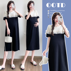 实拍孕妇夏装新款针织拼色中长款孕妇连衣裙产后哺乳裙子