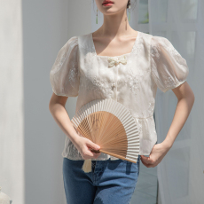 新中式国风重工刺绣衬衫女2024年新款盘扣禅意高级感短袖小衫上衣