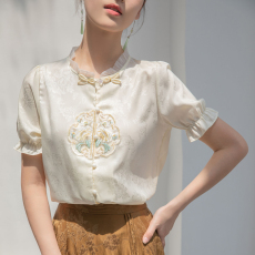2024实拍新款白色新中式女装轻国风短袖上衣女夏季真丝衬衫