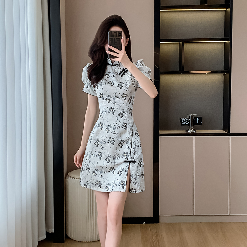 FA25922# 新中式旗袍改良年轻款少女日常可穿国潮风女装夏季短款连衣裙法式 服裝批發女裝批發服飾貨源