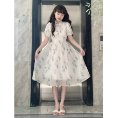 批发新中式连衣裙女夏季<b class='q'>改良</b><b class='q'>旗袍</b>国风泡泡袖高腰法式雪纺裙子