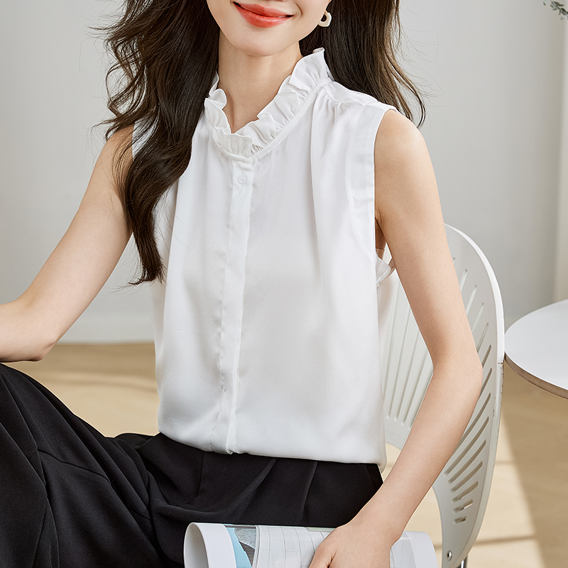 레이스 칼라 만나는 조끼 여성 품격 프릴 스탠드 칼라 스택 착용 인사이드 가져 가라. 프랑스식 사랑 칼라 민소매 새틴 셔츠