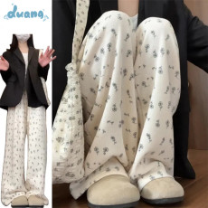 批发白色碎花运动裤女宽松直筒春秋2024新款小个子阔腿裤休闲美式卫裤