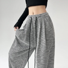 批发格雷系斜纹阔腿裤女2024新款高腰垂感显瘦直筒条纹加长版拖地裤子