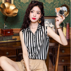 批发实拍重磅锻面<b class='q'>真丝</b>无袖衬衫领2026年夏装时尚印花女条纹<b class='q'>背心</b>上衣