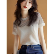 批发经典<b class='q'>黑白条纹</b>设计感短袖针织衫优雅百搭<b class='q'>T</b><b class='q'>恤</b>圆领显瘦短款