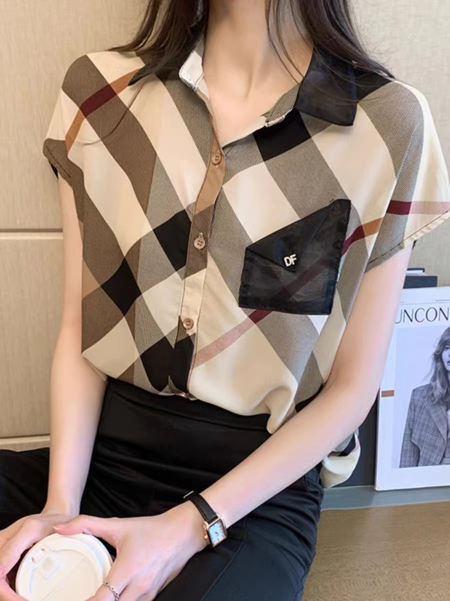 PF6913#韩范衬衫女2024夏季新款设计感小众洋气上衣复古格子短袖雪纺...