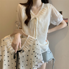 批发实拍2026夏季大码<b class='q'>雪纺衫女</b>胖mm荷叶边娃娃领甜美显瘦百搭短袖上衣