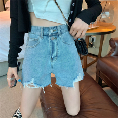 批发实拍 大码女装毛边设计水洗复古破洞牛仔短裤百搭显瘦阔腿裤热裤