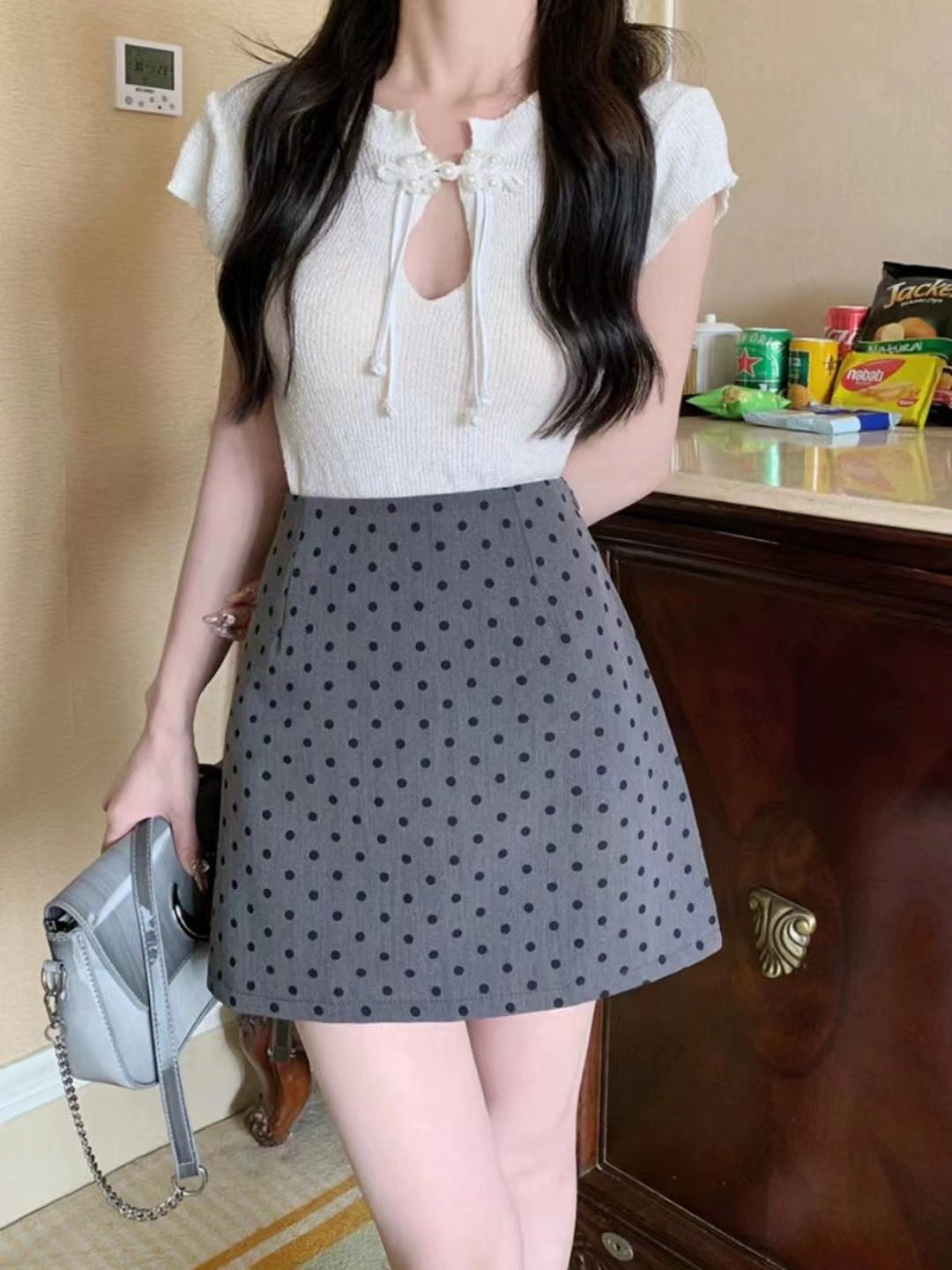 Sweet Hot Girl Black Polka Dot Skirt Casual Versatile Hip Skirt Women's 2024 Summer High Waist A-Line Skirt Short Skirt