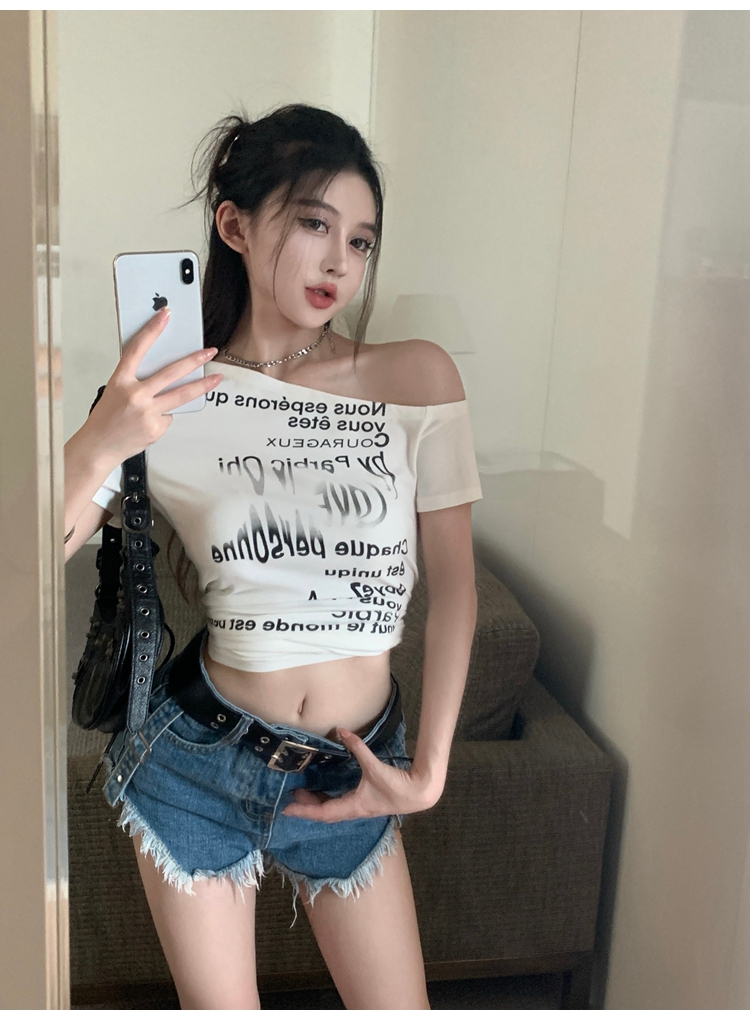 있음 선적 한국 스타일 새로운 40 면 리브 화이트 오프숄더 반팔 티셔츠 여성 여름 아메리칸 불규칙
