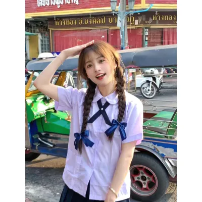 现货 泰国泰式校服短袖衬jk制服学院高中学生运动会毕业班服套装
