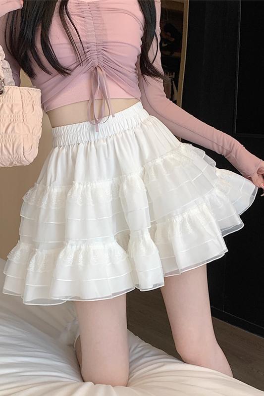 Cake skirt Korean style summer solid color petite sweet mesh lace high waist culottes A-line puffy skirt