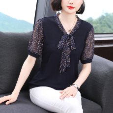 批发短袖雪纺衫女<b class='q'>夏</b>季针织上衣服蝴蝶结T恤新款衬衫高贵妈妈印花小衫