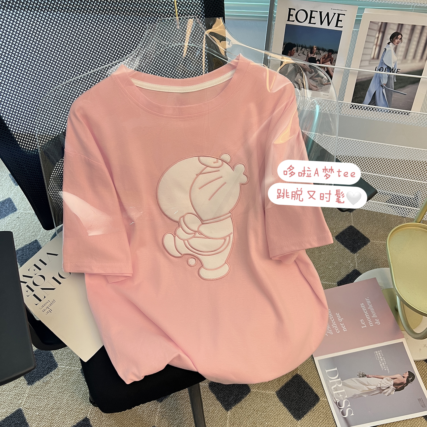 PF7128#纯棉包领 粉色植绒卡通图案短袖t恤女夏季2024新款