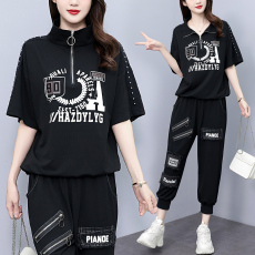 批发实拍 夏季套装女 <b class='q'>时尚</b>宽松拼接牛仔短袖立领印花两件套大码女装