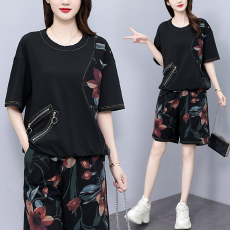 批发实拍 夏季新款套<b class='q'>装</b>女 宽松拼接牛仔印花五分<b class='q'>裤</b>两件套大码女<b class='q'>装</b>