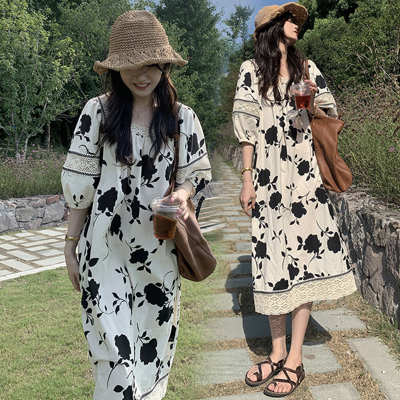 RY1856# 夏装新款大码女装胖MM宽松印花蕾丝拼接中长款连衣裙M-4XL200斤