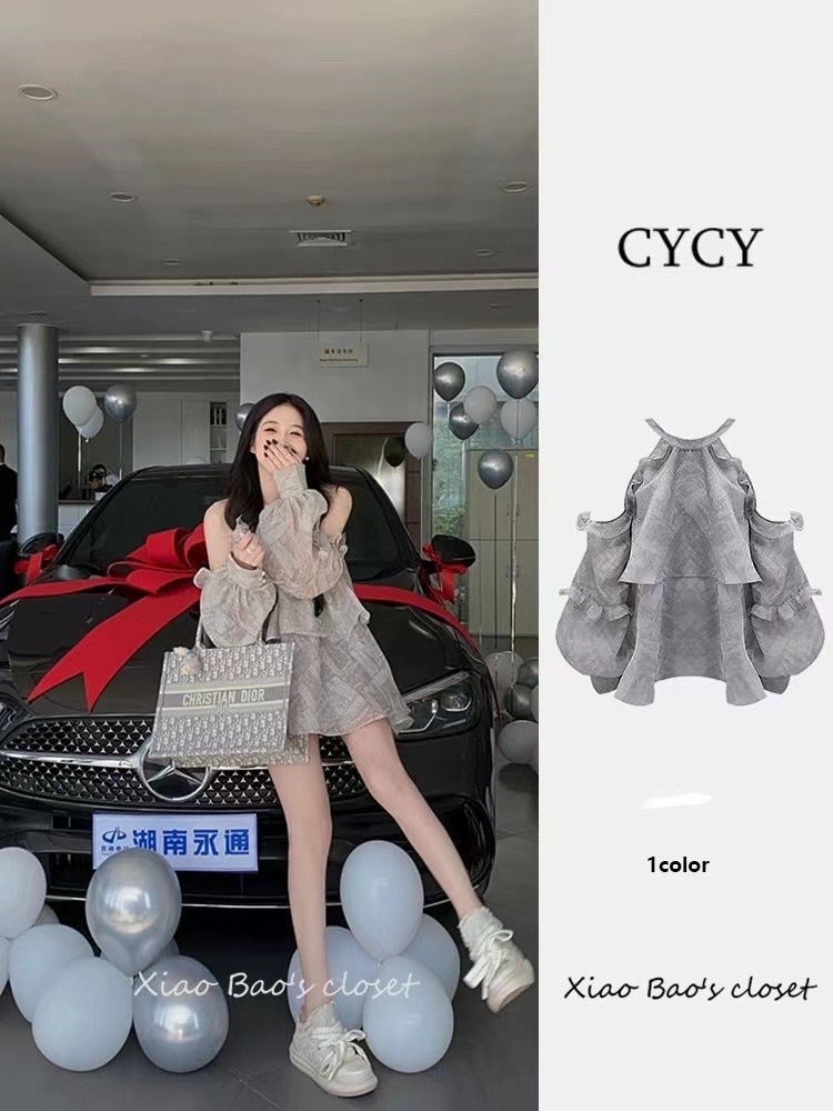 품격 요정 요정 프릴 오프숄더 회색 셔츠 가을 새로운 작은 대중 디자인 센스 프랑스식 차 부서 Chic 맨위