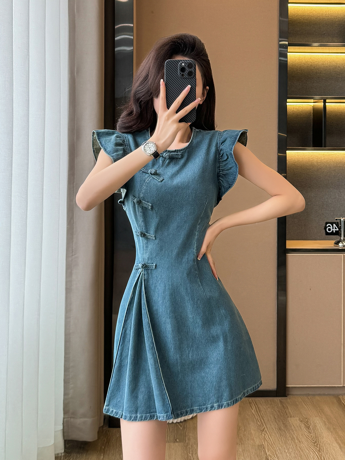 MY6245# 牛仔连衣裙短裙新中式圆领盘扣中国风a字收腰高腰显瘦女裝貨源服裝批發