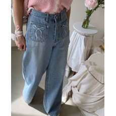 批发现 双口袋蝴蝶结刺绣高腰阔腿夏季清爽浅蓝色水洗<b class='q'>牛仔裤</b>