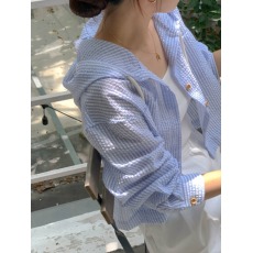 批发韩国chic春夏季气质百搭单排扣条纹撞色宽松长袖防晒连帽衬衫女