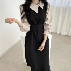 批发法式气质<b class='q'>衬衫</b>长裙春秋新款显瘦假两件连衣裙