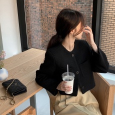 批发韩国chic春季气质赫本风别致三粒扣口袋休闲小香风粗花呢短外套