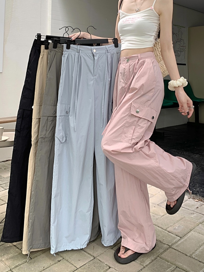 PF7423#粉色工装裤美式休闲裤女装夏季新款高腰直筒设计感阔腿裤裤子